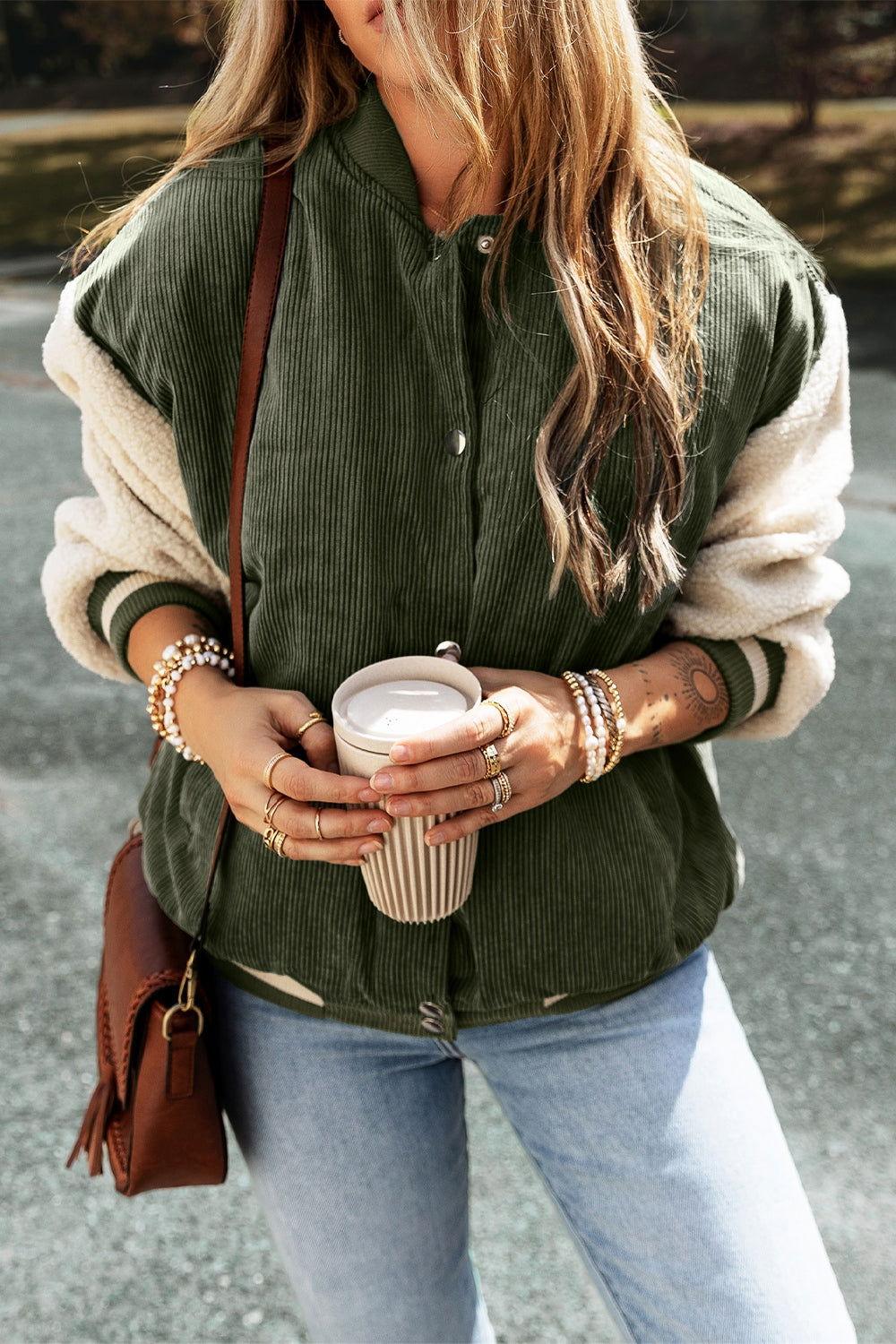 Contrast Baseball Collar Snap Down Long Sleeve Jacket - Clothes For Her Online Store