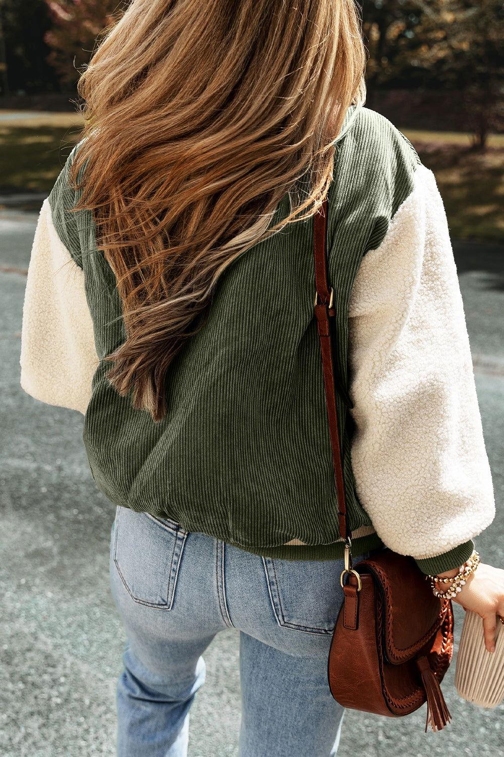 Contrast Baseball Collar Snap Down Long Sleeve Jacket - Clothes For Her Online Store