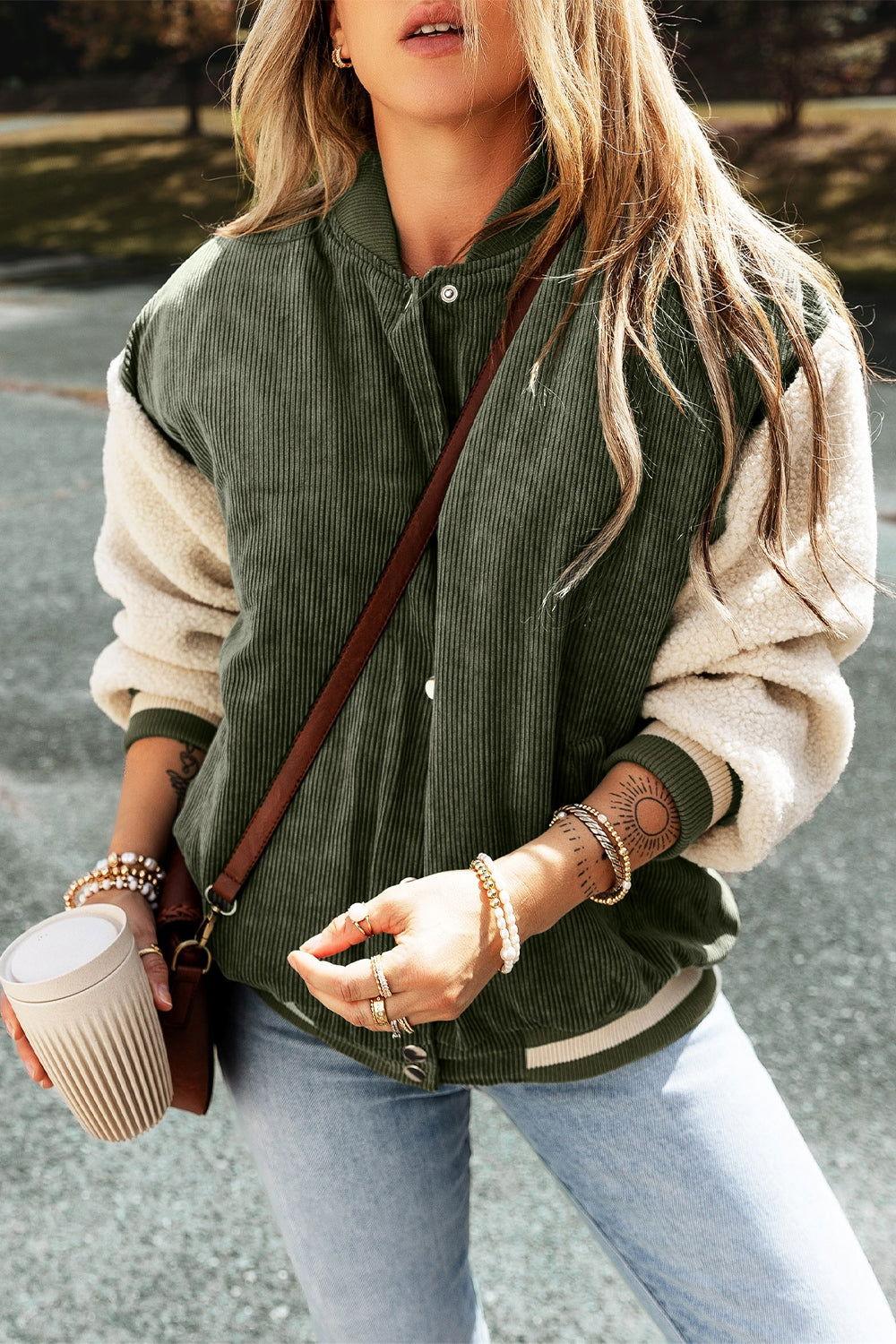 Contrast Baseball Collar Snap Down Long Sleeve Jacket - Clothes For Her Online Store