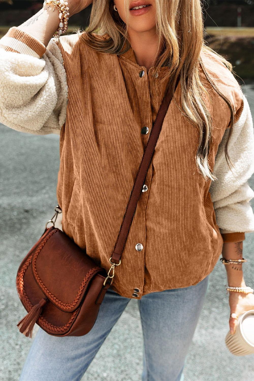 Contrast Baseball Collar Snap Down Long Sleeve Jacket - Clothes For Her Online Store