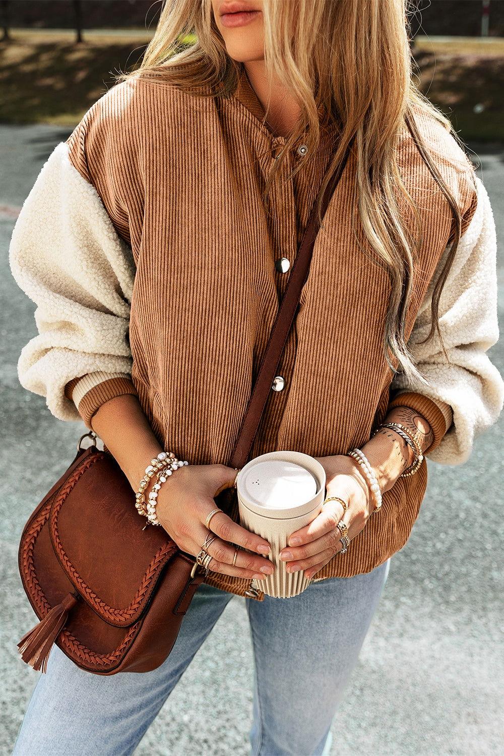 Contrast Baseball Collar Snap Down Long Sleeve Jacket - Clothes For Her Online Store