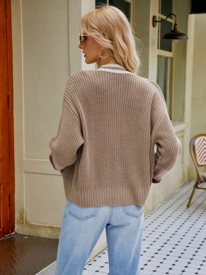 Contrast Button Up Dropped Shoulder Cardigan - Clothes For Her Online Store