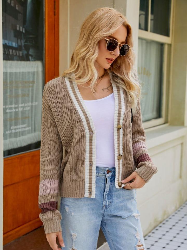 Contrast Button Up Dropped Shoulder Cardigan - Clothes For Her Online Store