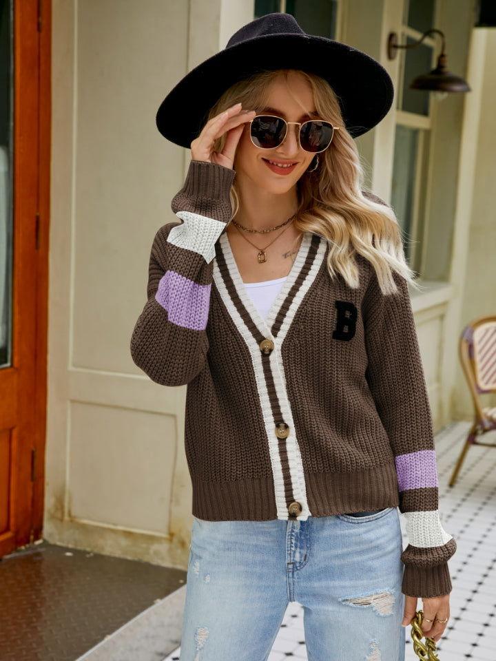 Contrast Button Up Dropped Shoulder Cardigan - Clothes For Her Online Store