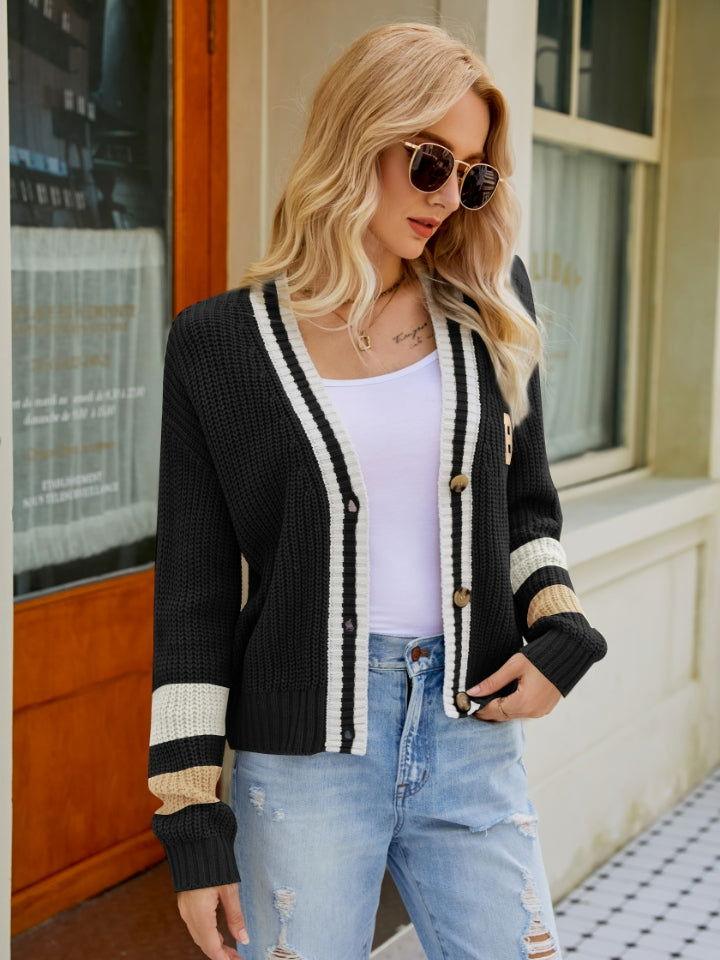 Contrast Button Up Dropped Shoulder Cardigan - Clothes For Her Online Store