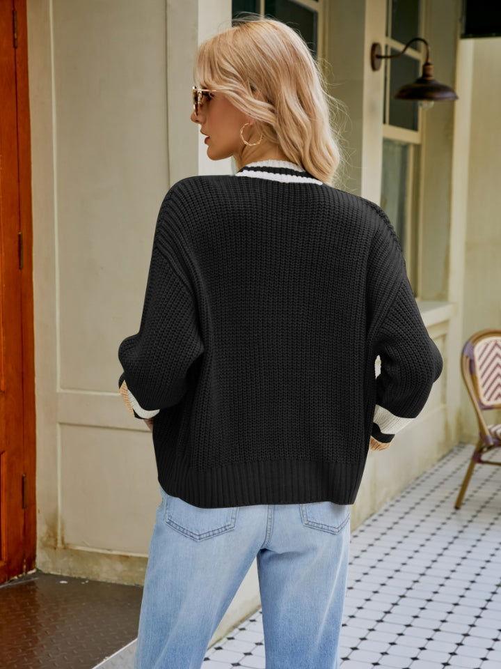 Contrast Button Up Dropped Shoulder Cardigan - Clothes For Her Online Store