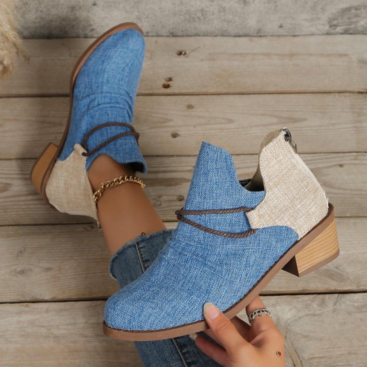 Contrast Canvas Low Heel Boots - Clothes For Her Online Store