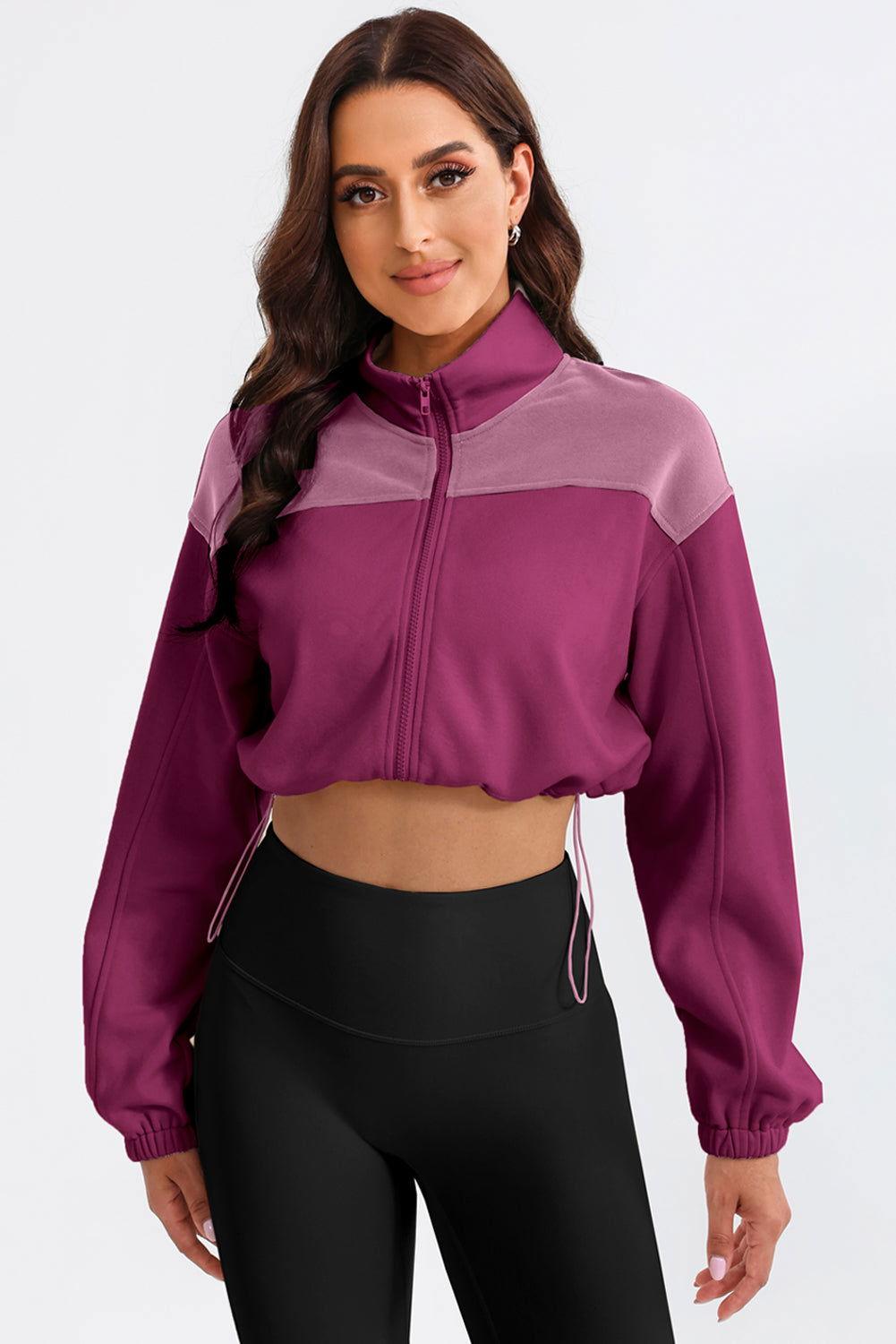 Contrast Drawstring Zip Up Jacket - Clothes For Her Online Store