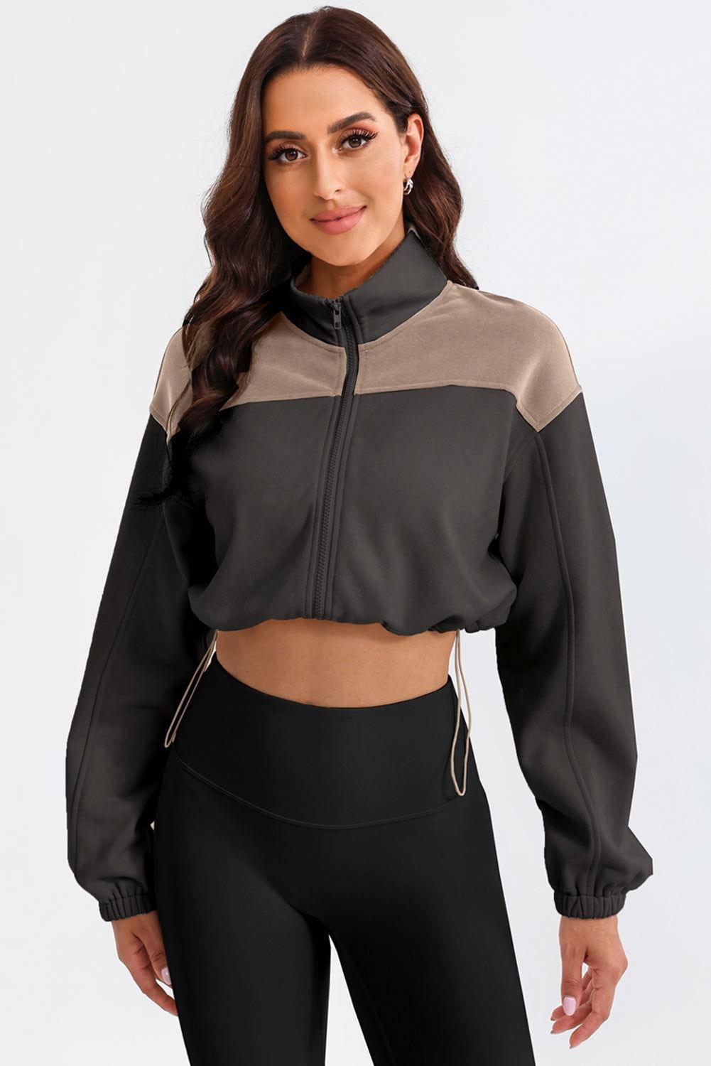 Contrast Drawstring Zip Up Jacket - Clothes For Her Online Store