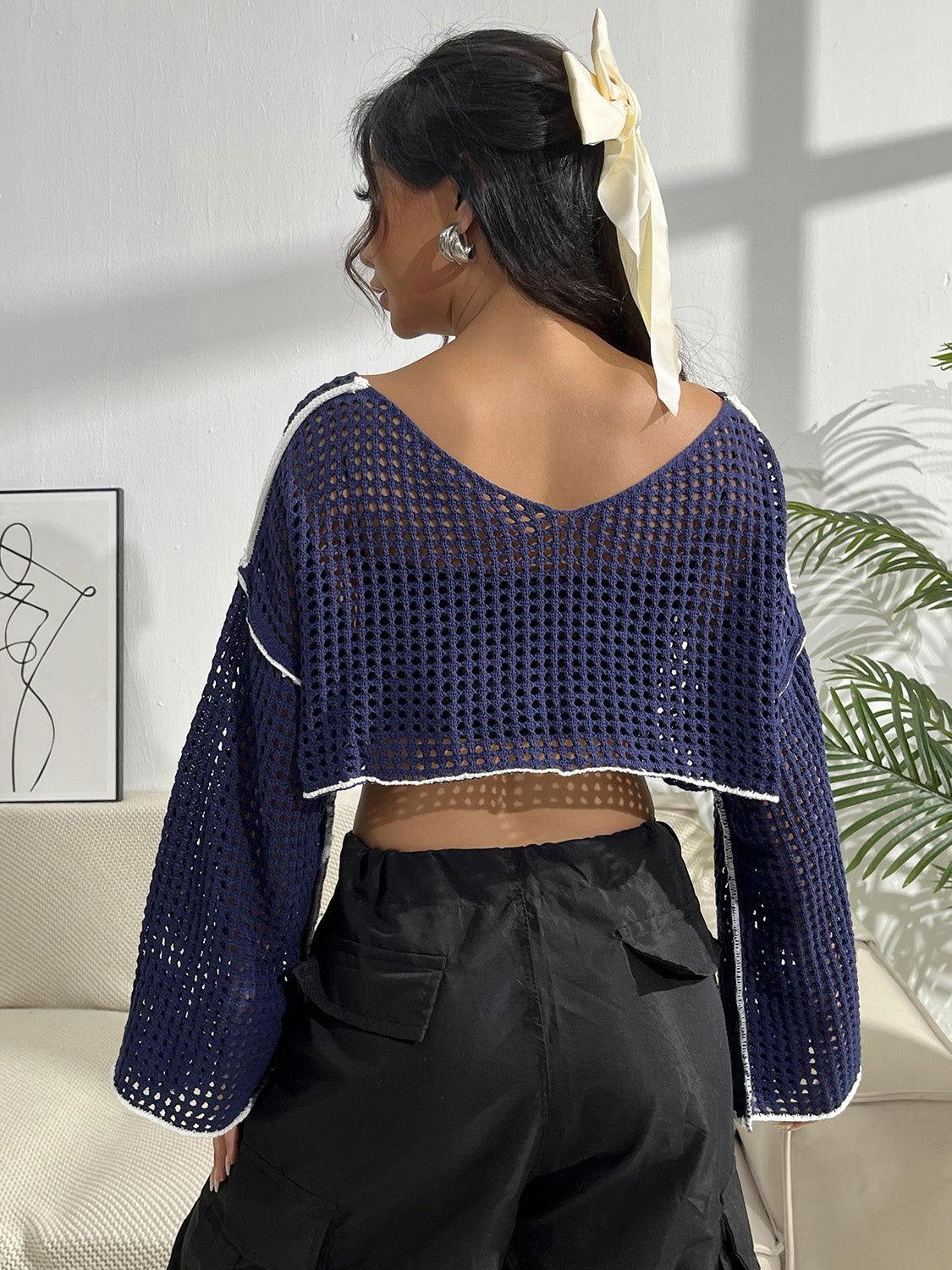 Contrast Patches Long Sleeve Cropped Knit Top - Clothes For Her Online Store