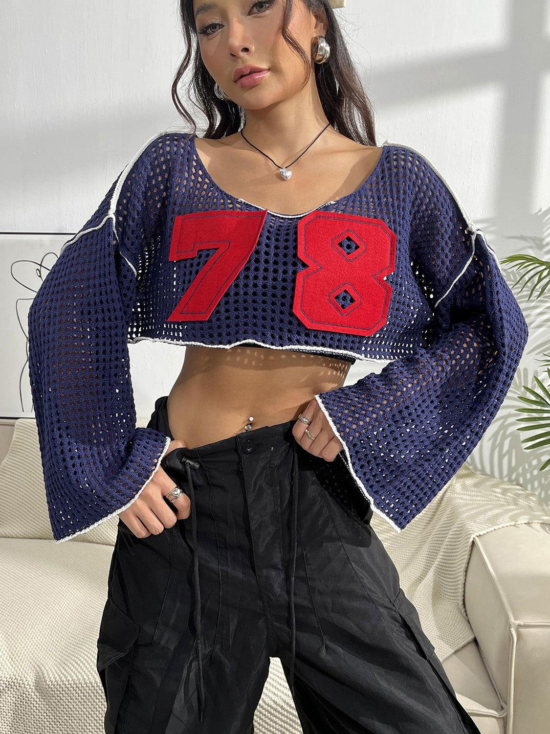 Contrast Patches Long Sleeve Cropped Knit Top - Clothes For Her Online Store
