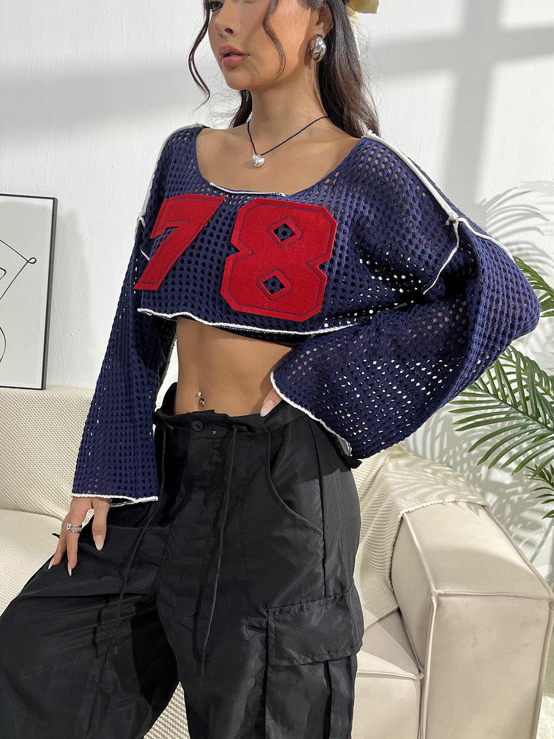 Contrast Patches Long Sleeve Cropped Knit Top - Clothes For Her Online Store