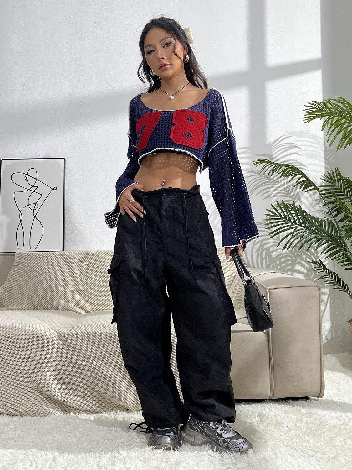 Contrast Patches Long Sleeve Cropped Knit Top - Clothes For Her Online Store