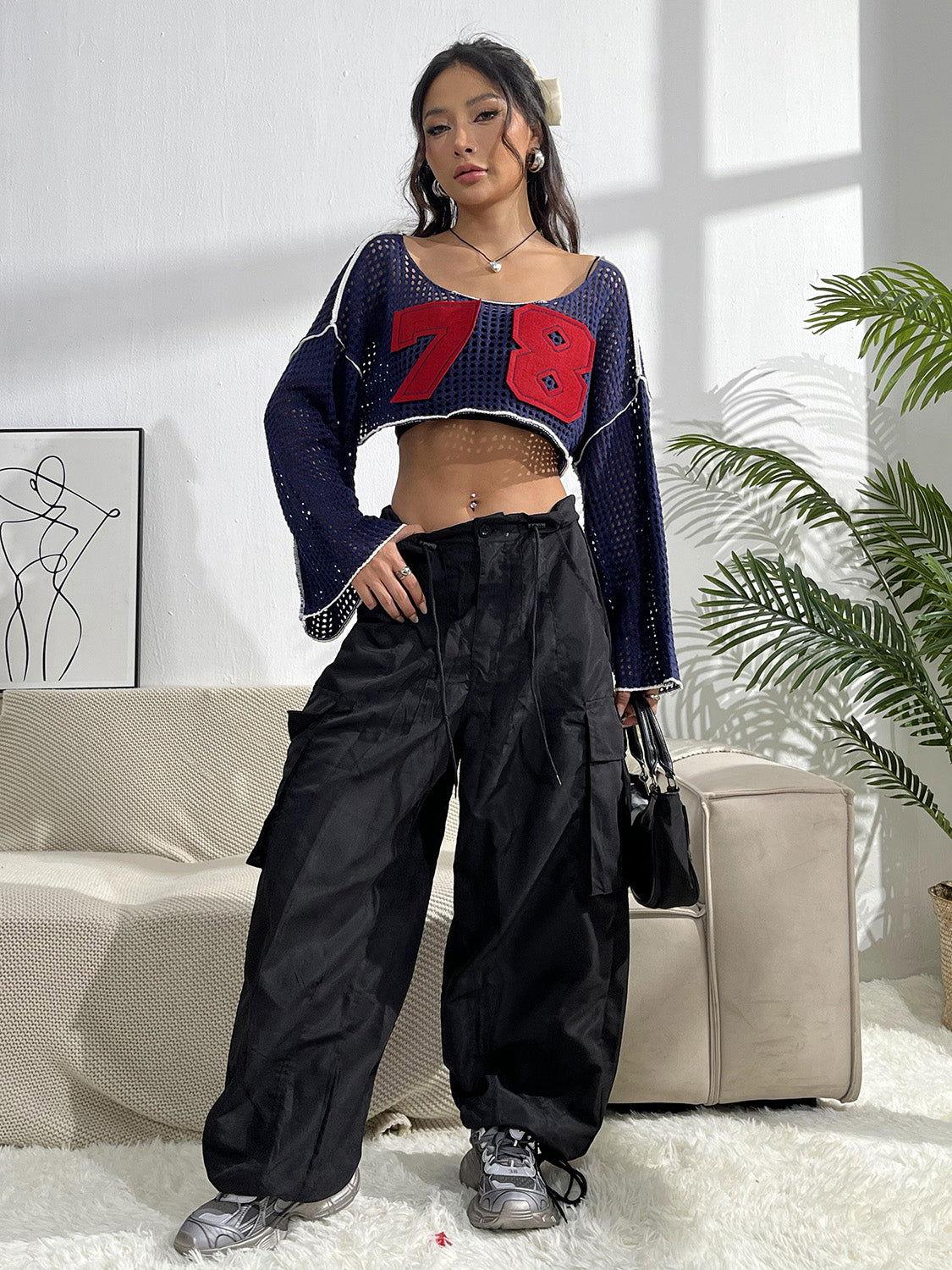 Contrast Patches Long Sleeve Cropped Knit Top - Clothes For Her Online Store