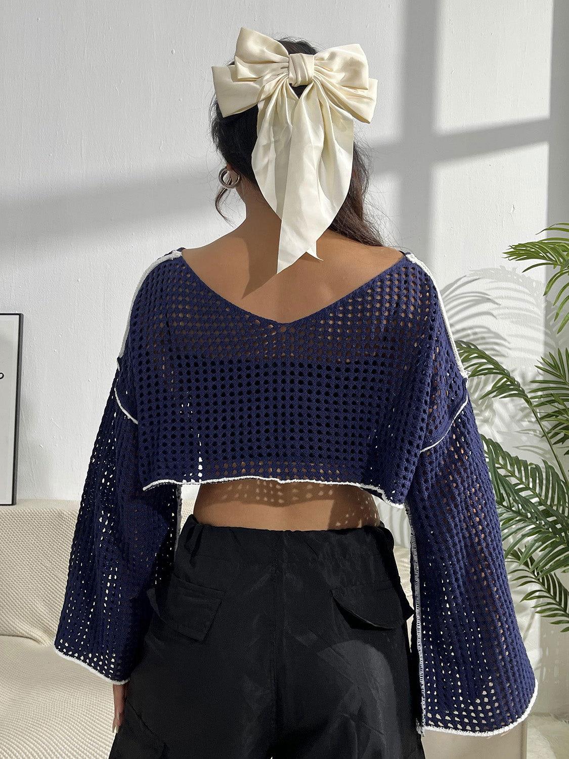 Contrast Patches Long Sleeve Cropped Knit Top - Clothes For Her Online Store
