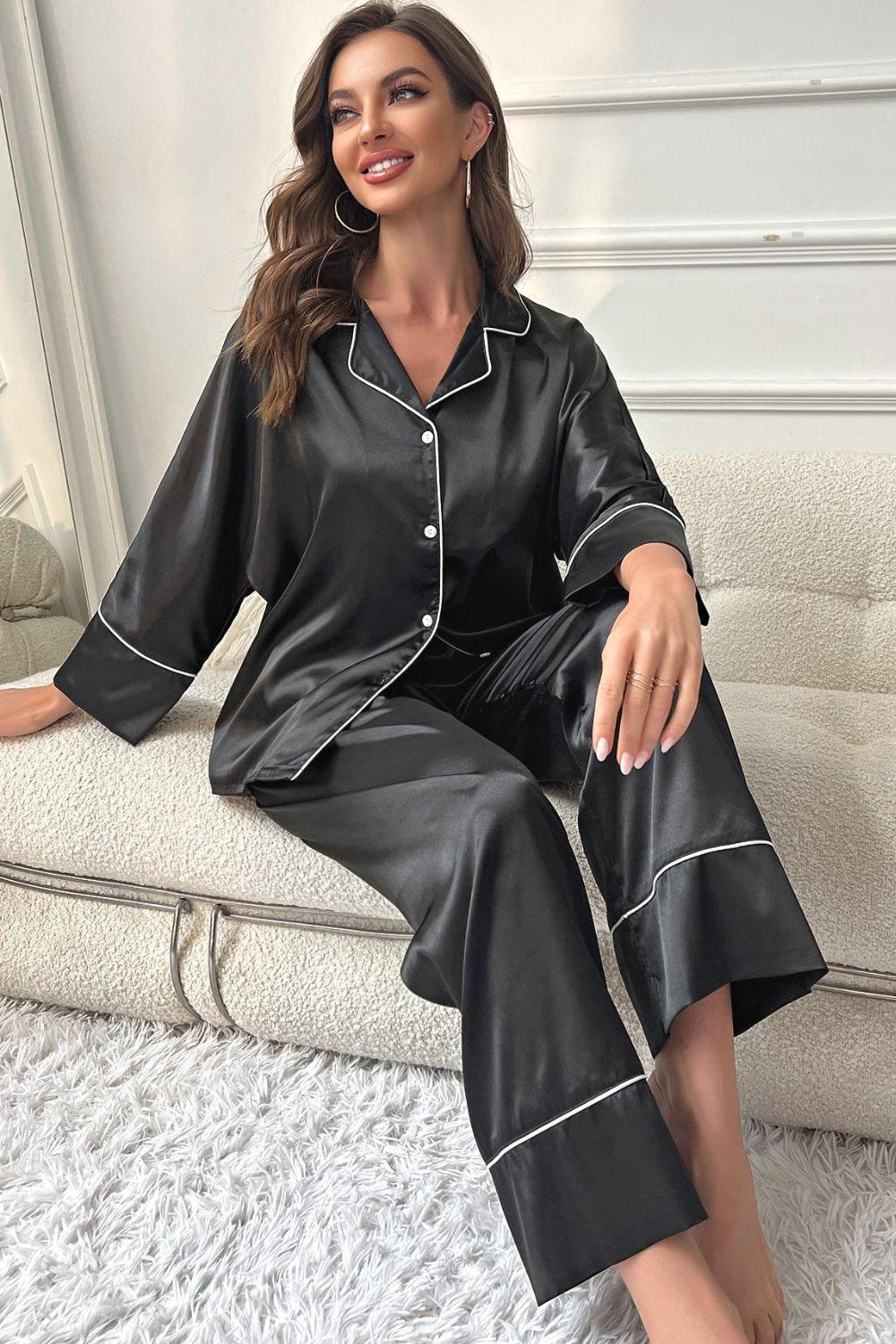 Contrast Piping Button-Up Top and Pants Pajama Set - Clothes For Her Online Store
