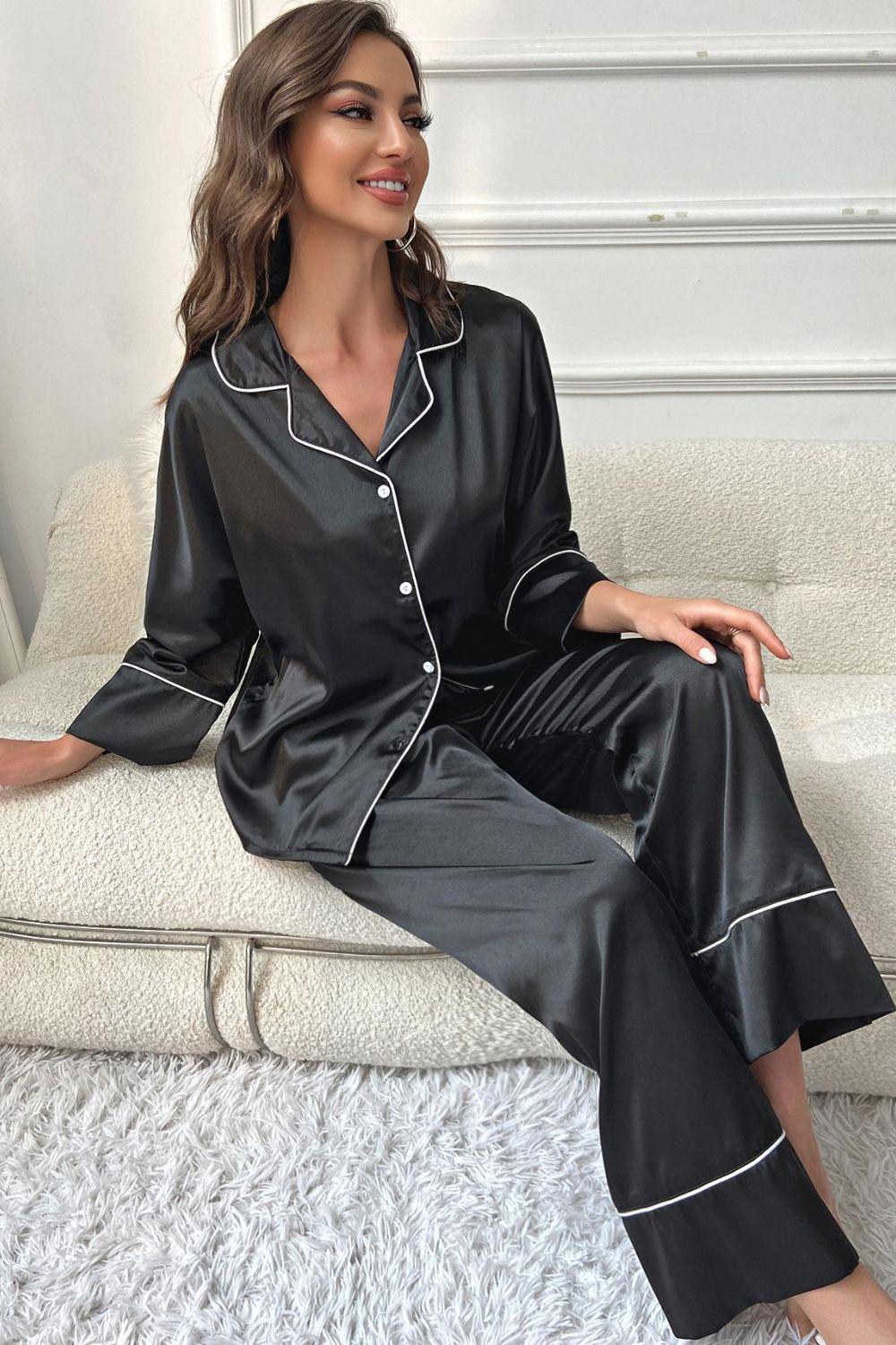 Contrast Piping Button-Up Top and Pants Pajama Set - Clothes For Her Online Store