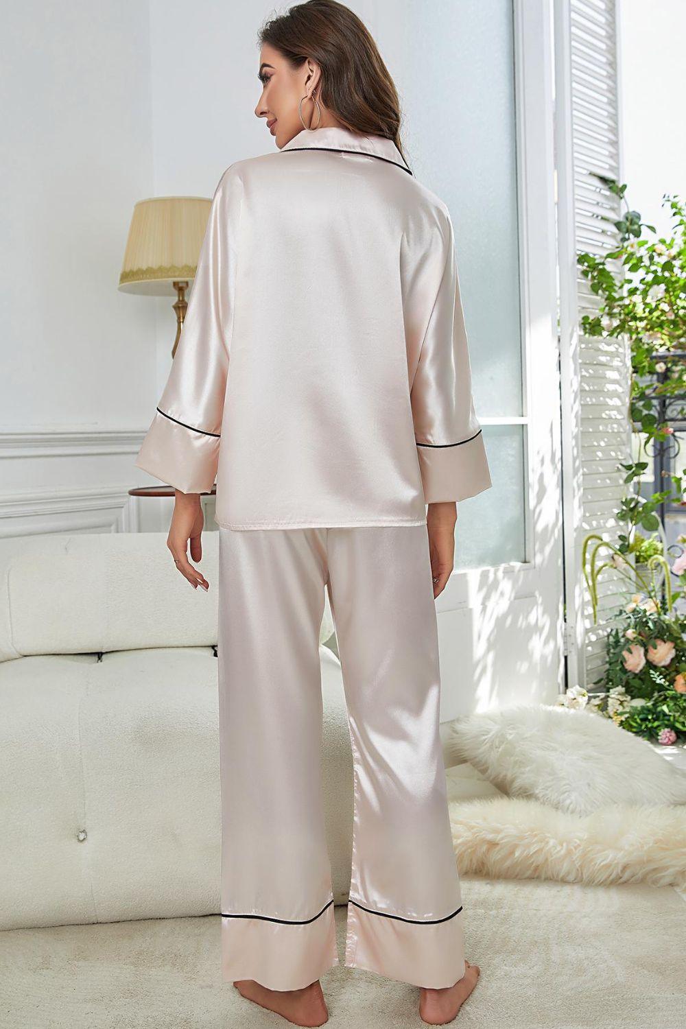 Contrast Piping Button-Up Top and Pants Pajama Set - Clothes For Her Online Store