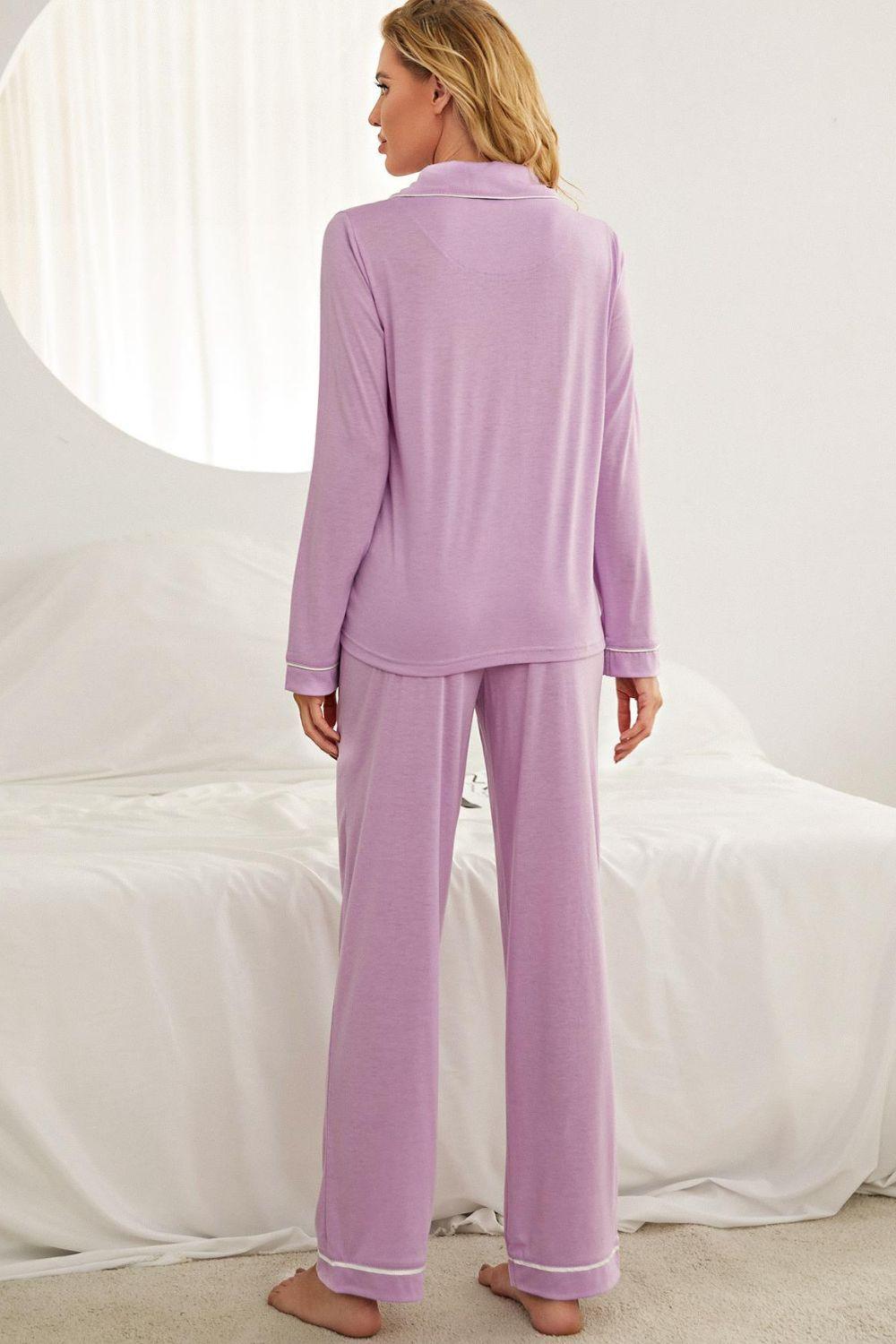 Contrast Piping Button Down Top and Pants Loungewear Set - Clothes For Her Online Store