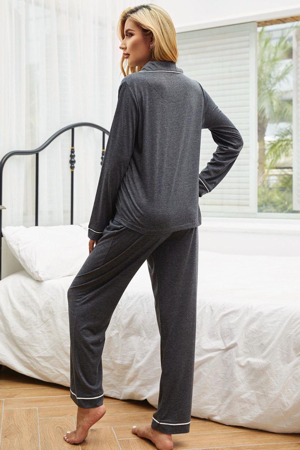Contrast Piping Button Down Top and Pants Loungewear Set - Clothes For Her Online Store