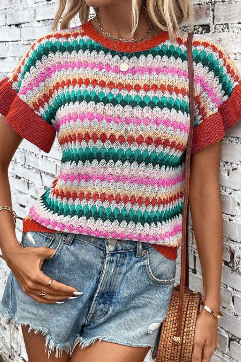 Contrast Round Neck Short Sleeve Sweater - Clothes For Her Online Store