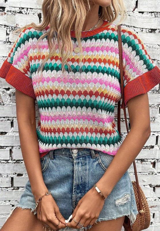 Contrast Round Neck Short Sleeve Sweater - Clothes For Her Online Store