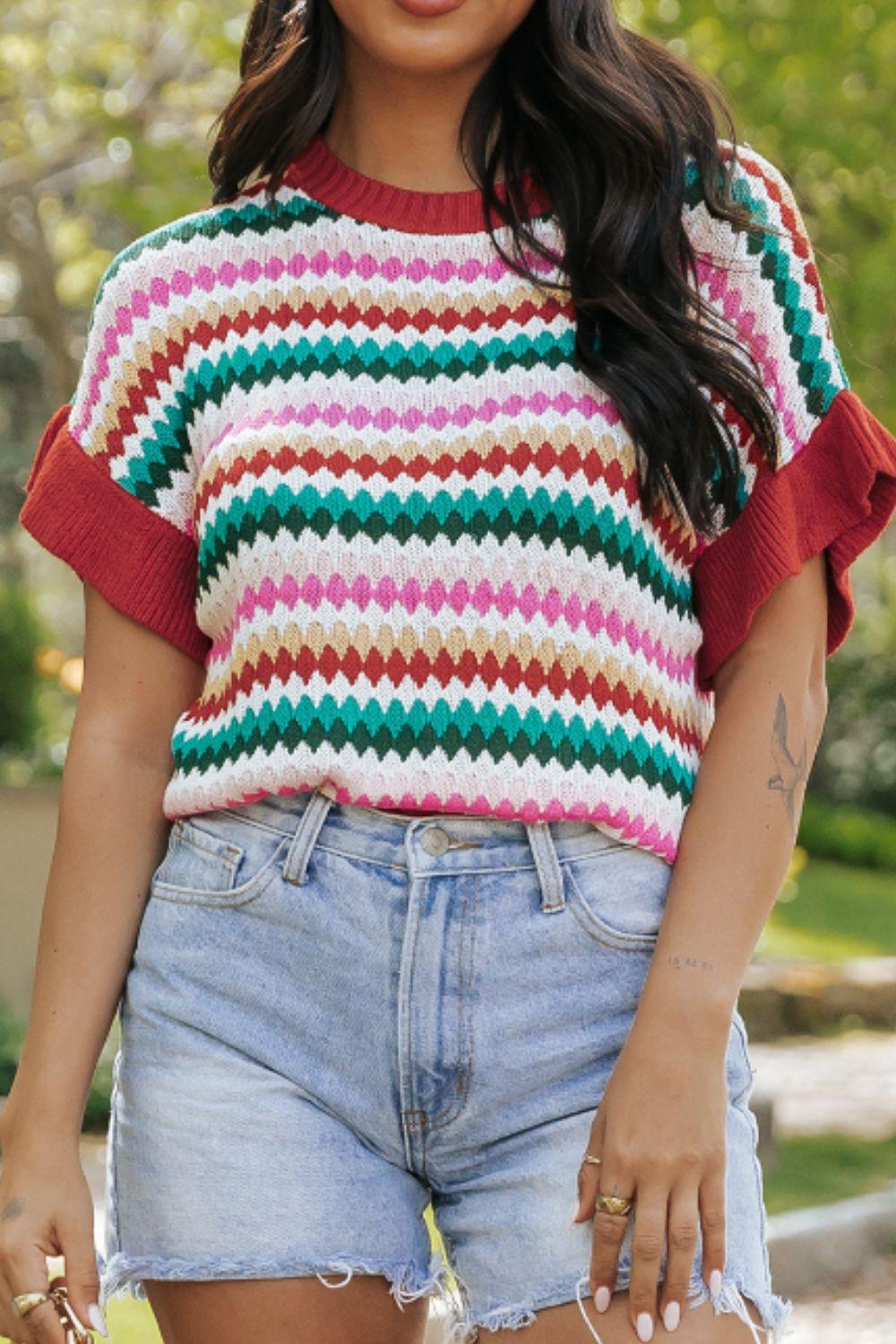 Contrast Round Neck Short Sleeve Sweater - Clothes For Her Online Store