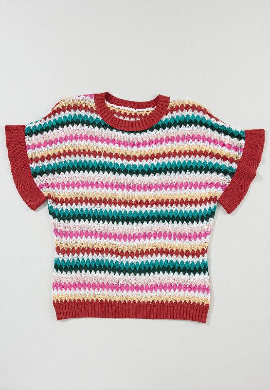 Contrast Round Neck Short Sleeve Sweater - Clothes For Her Online Store