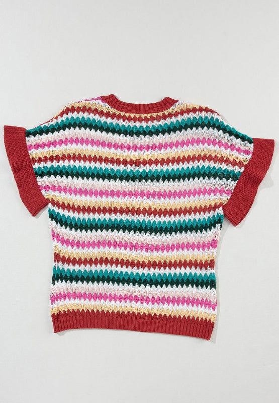Contrast Round Neck Short Sleeve Sweater - Clothes For Her Online Store
