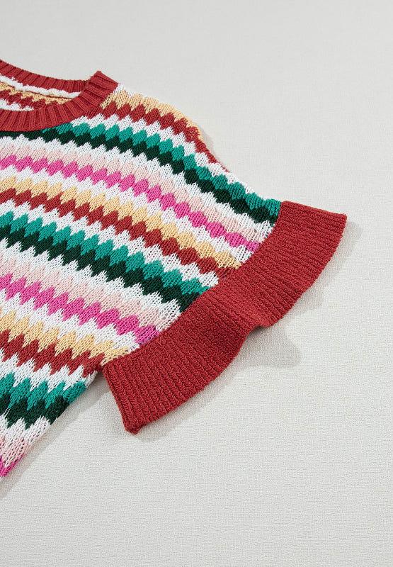 Contrast Round Neck Short Sleeve Sweater - Clothes For Her Online Store