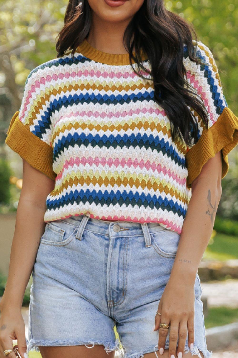 Contrast Round Neck Short Sleeve Sweater - Clothes For Her Online Store