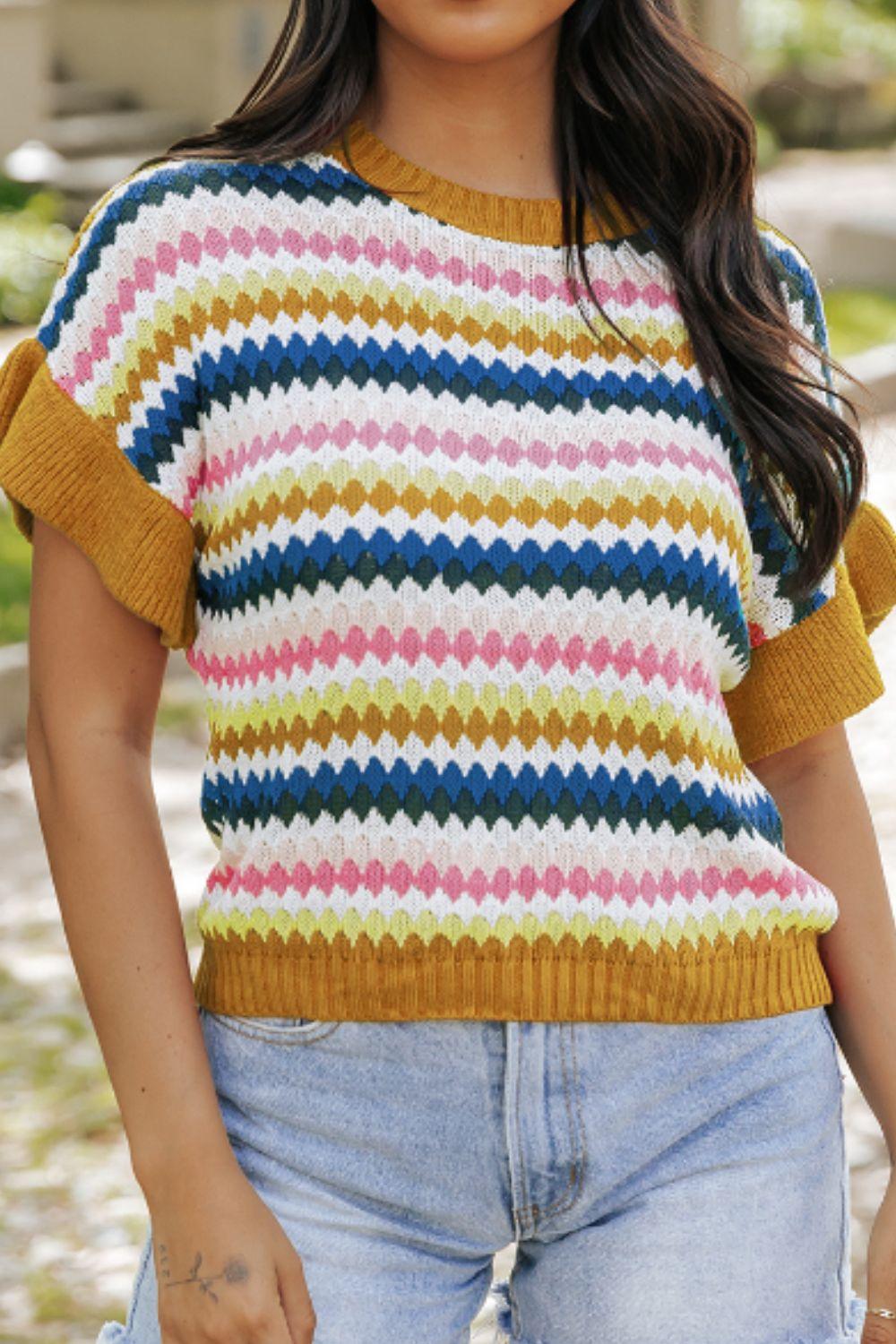 Contrast Round Neck Short Sleeve Sweater - Clothes For Her Online Store