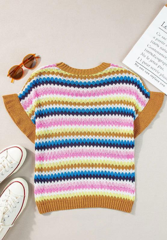 Contrast Round Neck Short Sleeve Sweater - Clothes For Her Online Store