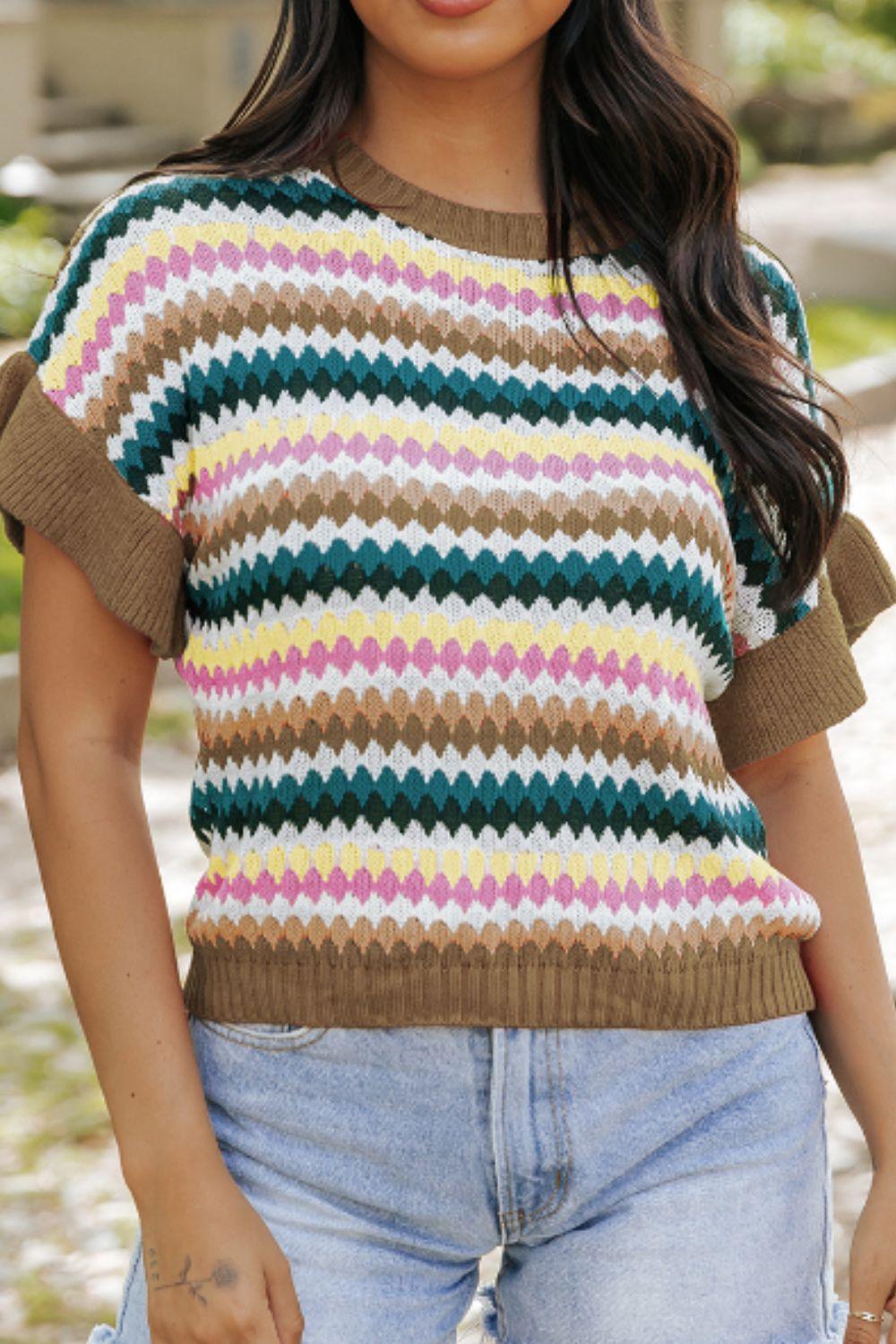Contrast Round Neck Short Sleeve Sweater - Clothes For Her Online Store
