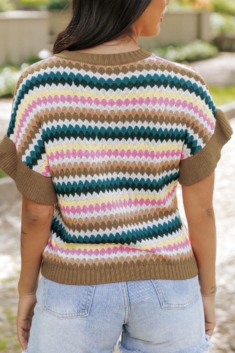 Contrast Round Neck Short Sleeve Sweater - Clothes For Her Online Store