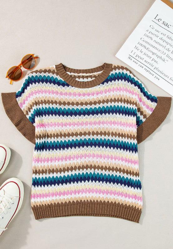 Contrast Round Neck Short Sleeve Sweater - Clothes For Her Online Store