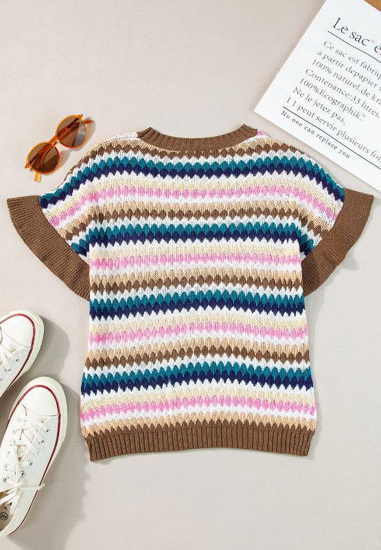 Contrast Round Neck Short Sleeve Sweater - Clothes For Her Online Store