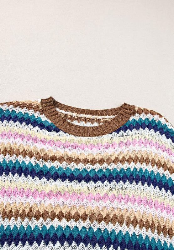 Contrast Round Neck Short Sleeve Sweater - Clothes For Her Online Store
