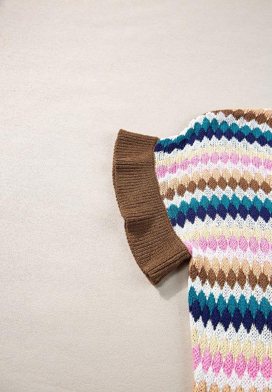 Contrast Round Neck Short Sleeve Sweater - Clothes For Her Online Store