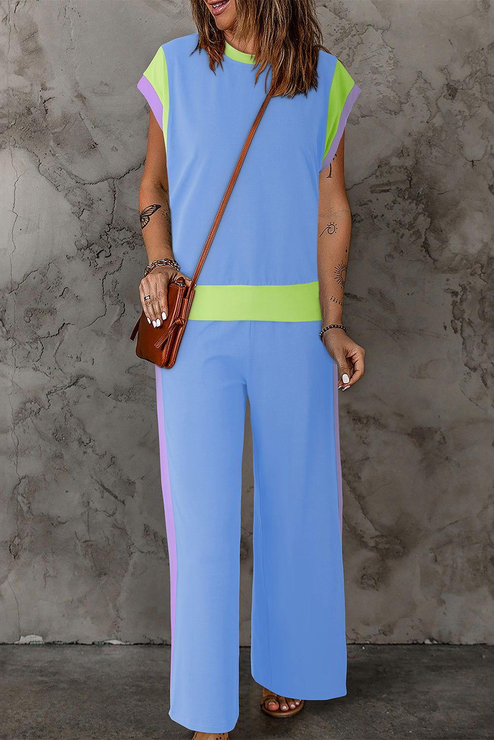 Contrast Round Neck Top and Pants Set - Clothes For Her Online Store
