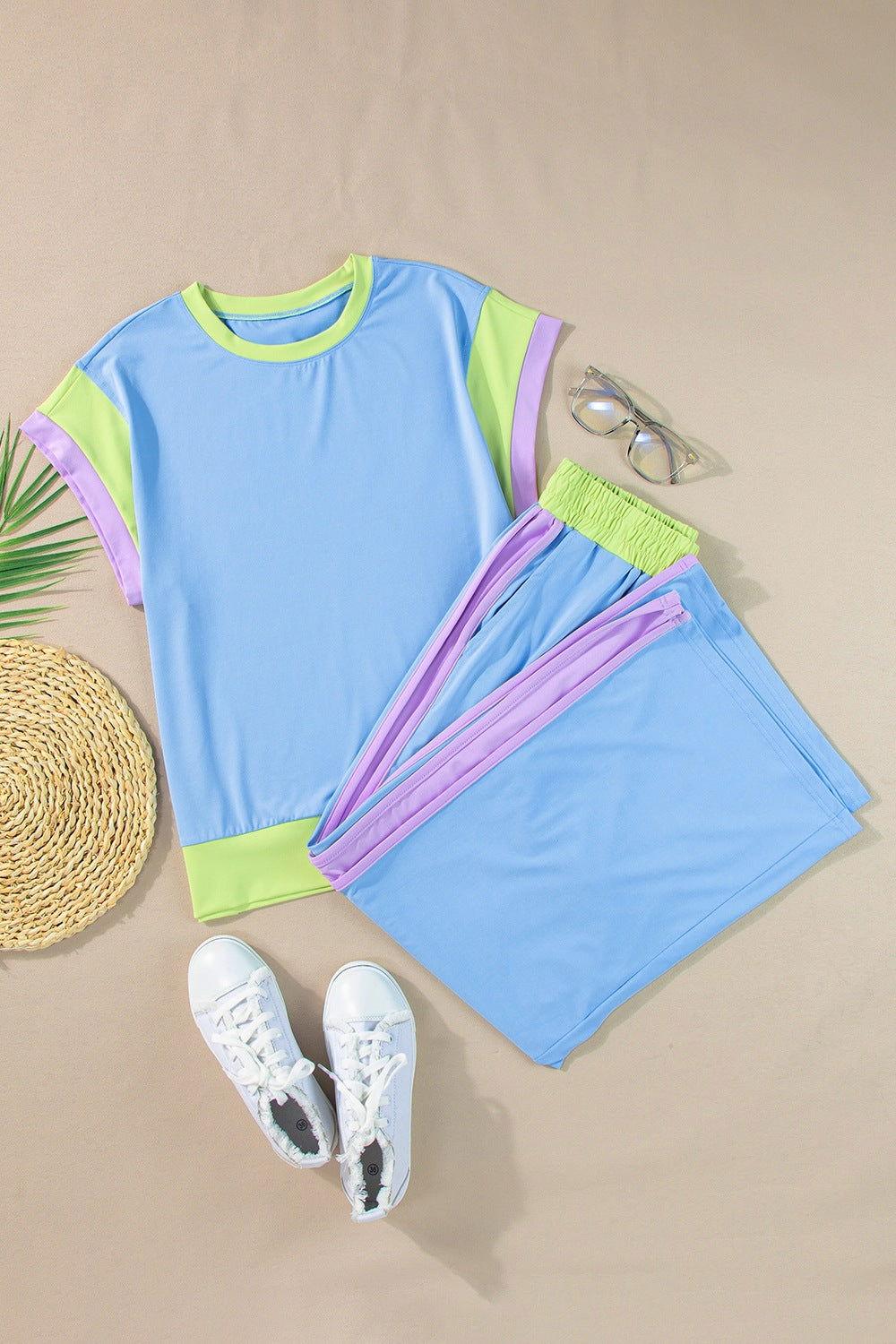 Contrast Round Neck Top and Pants Set - Clothes For Her Online Store