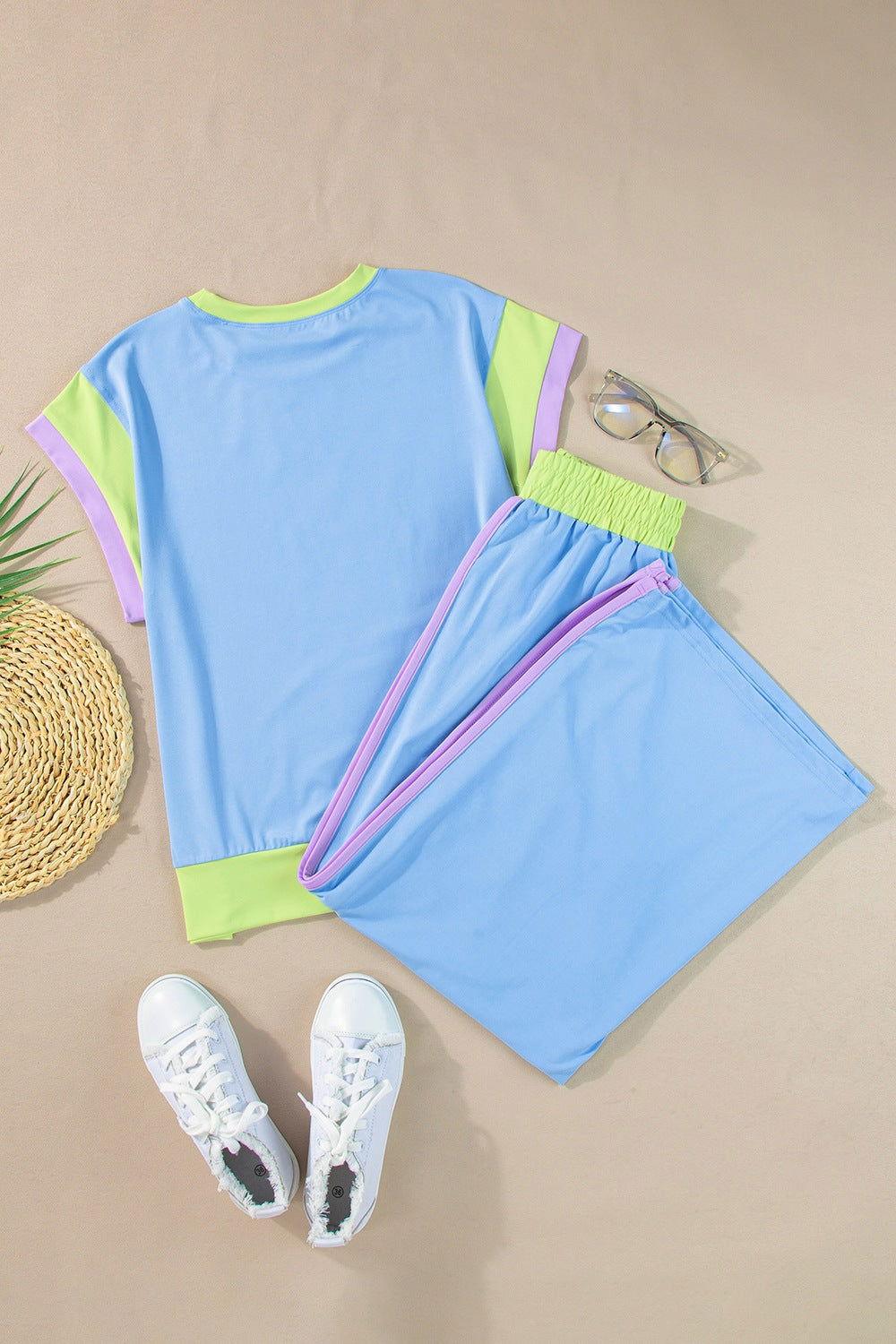 Contrast Round Neck Top and Pants Set - Clothes For Her Online Store
