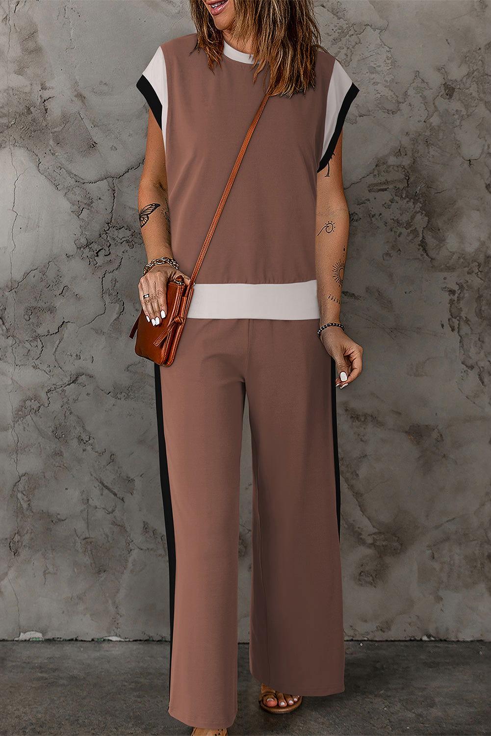 Contrast Round Neck Top and Pants Set - Clothes For Her Online Store