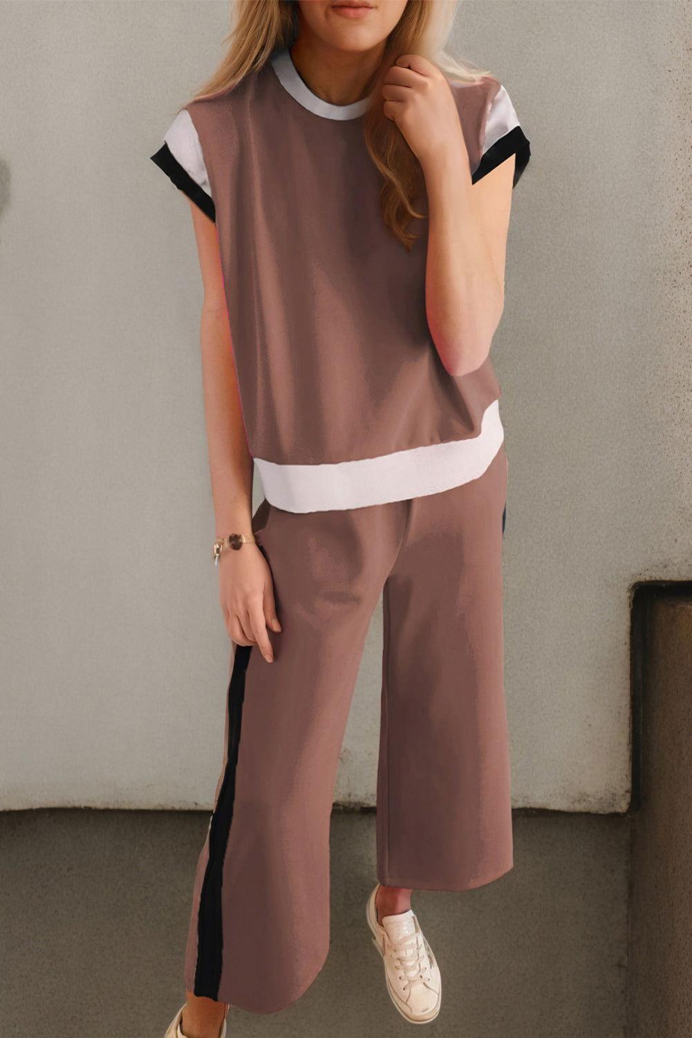 Contrast Round Neck Top and Pants Set - Clothes For Her Online Store