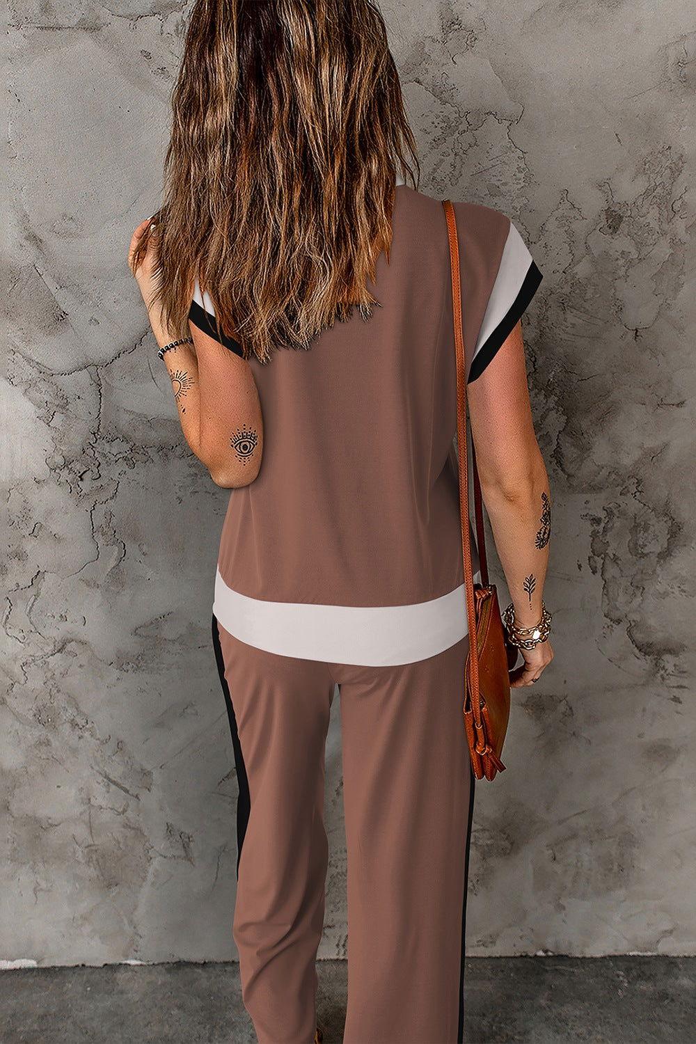 Contrast Round Neck Top and Pants Set - Clothes For Her Online Store