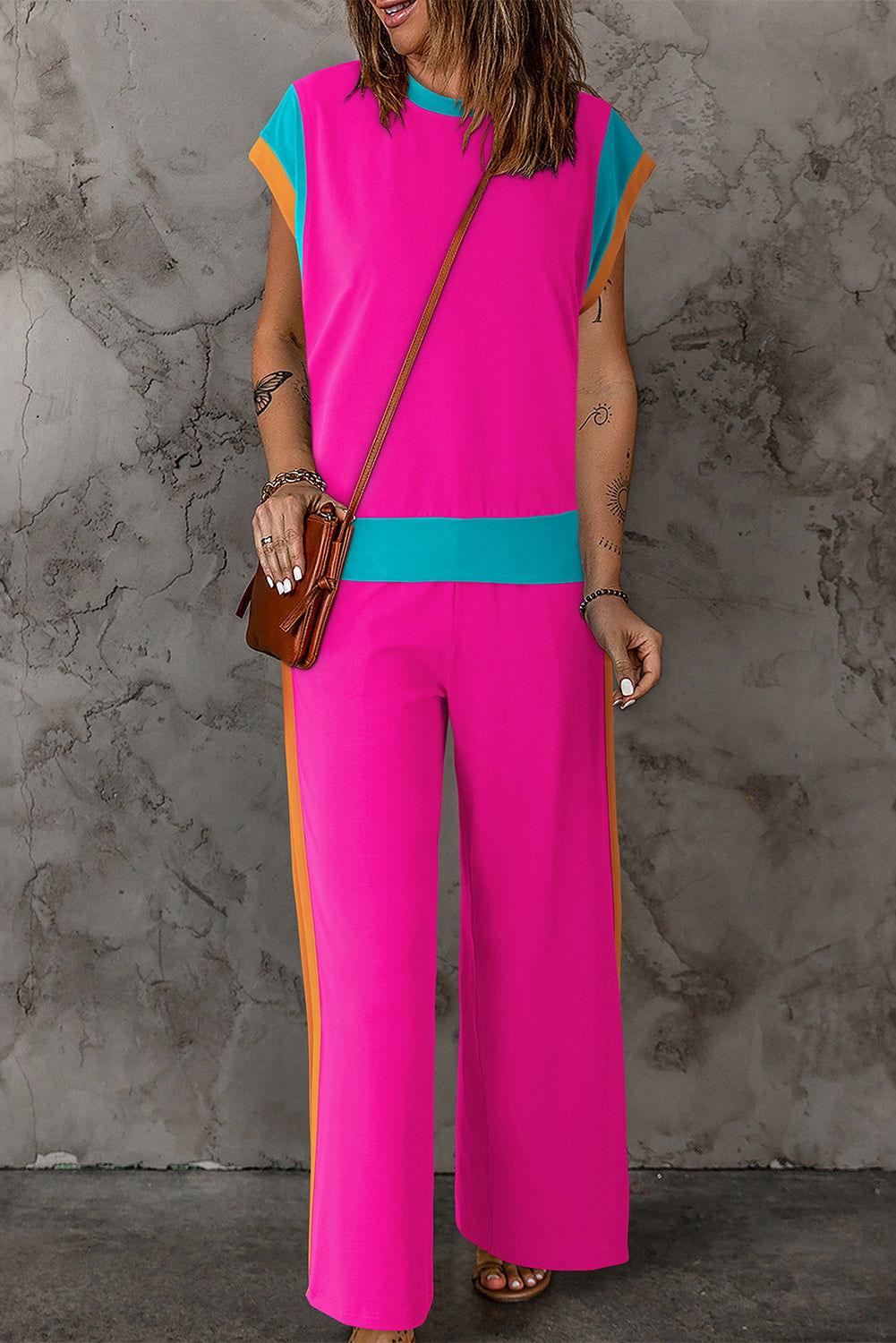 Contrast Round Neck Top and Pants Set - Clothes For Her Online Store