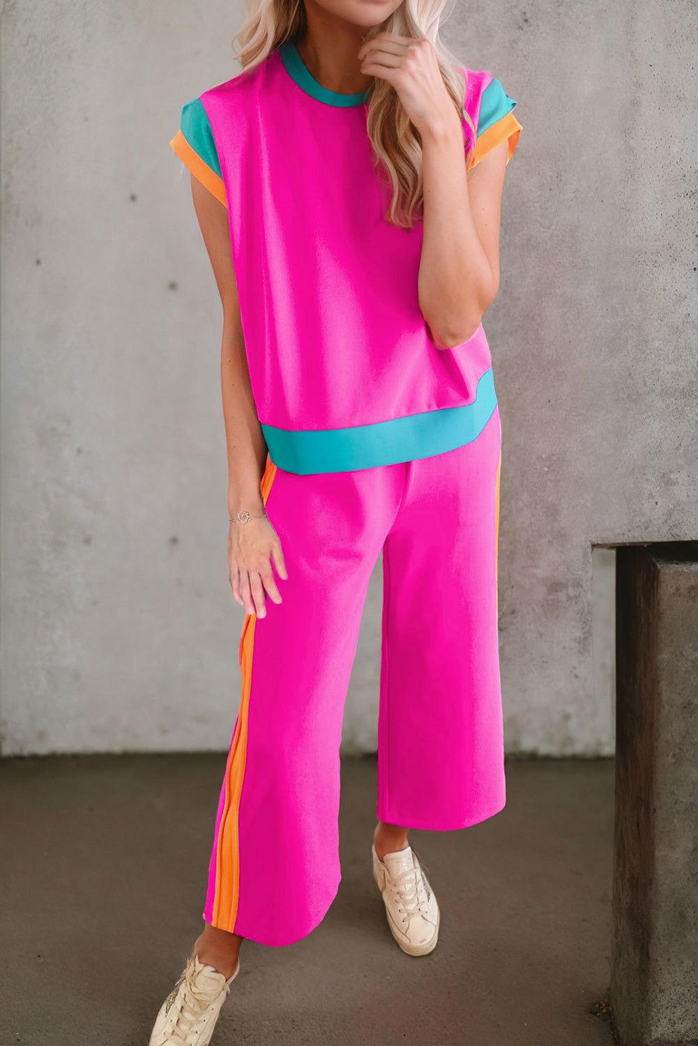 Contrast Round Neck Top and Pants Set - Clothes For Her Online Store