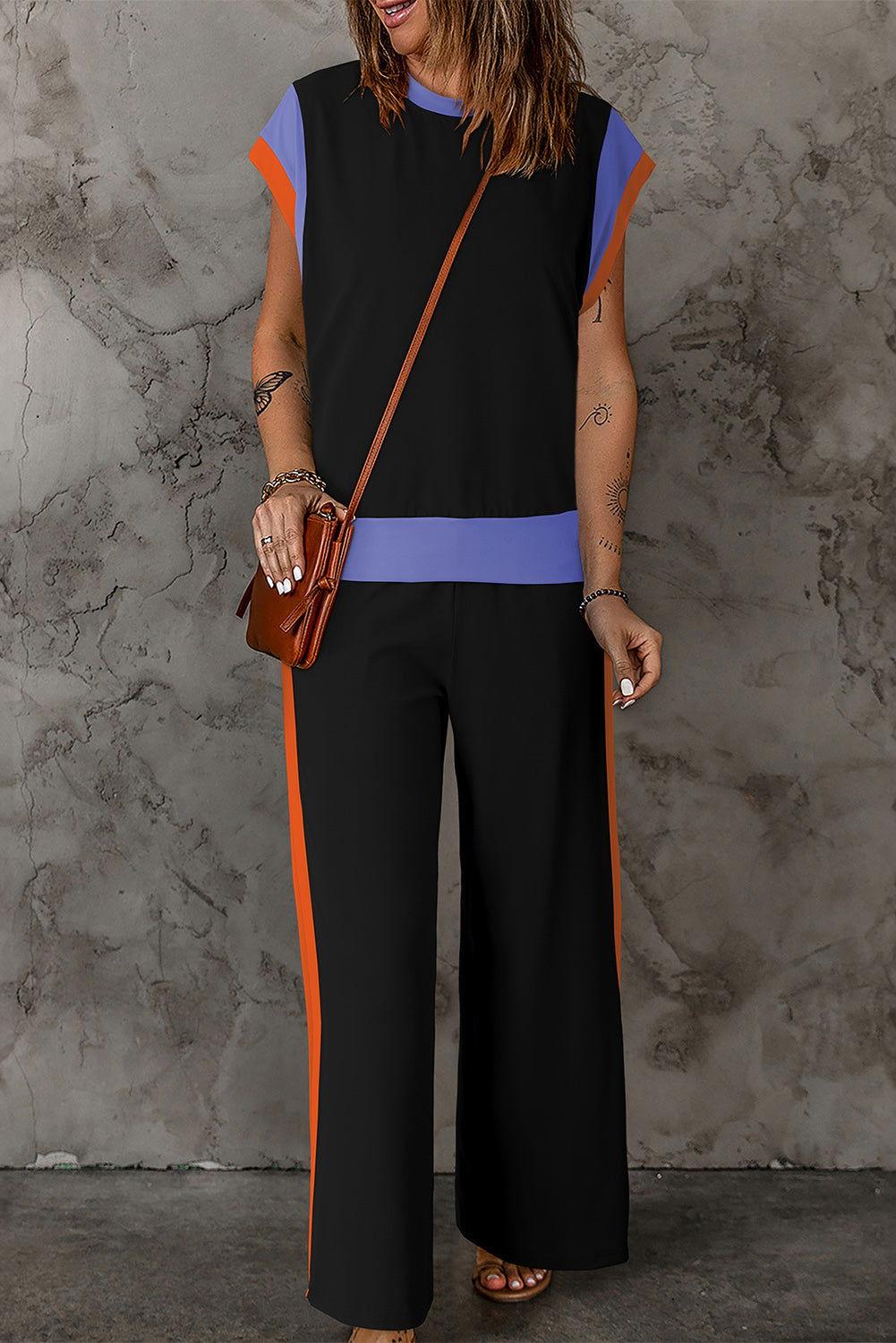 Contrast Round Neck Top and Pants Set - Clothes For Her Online Store