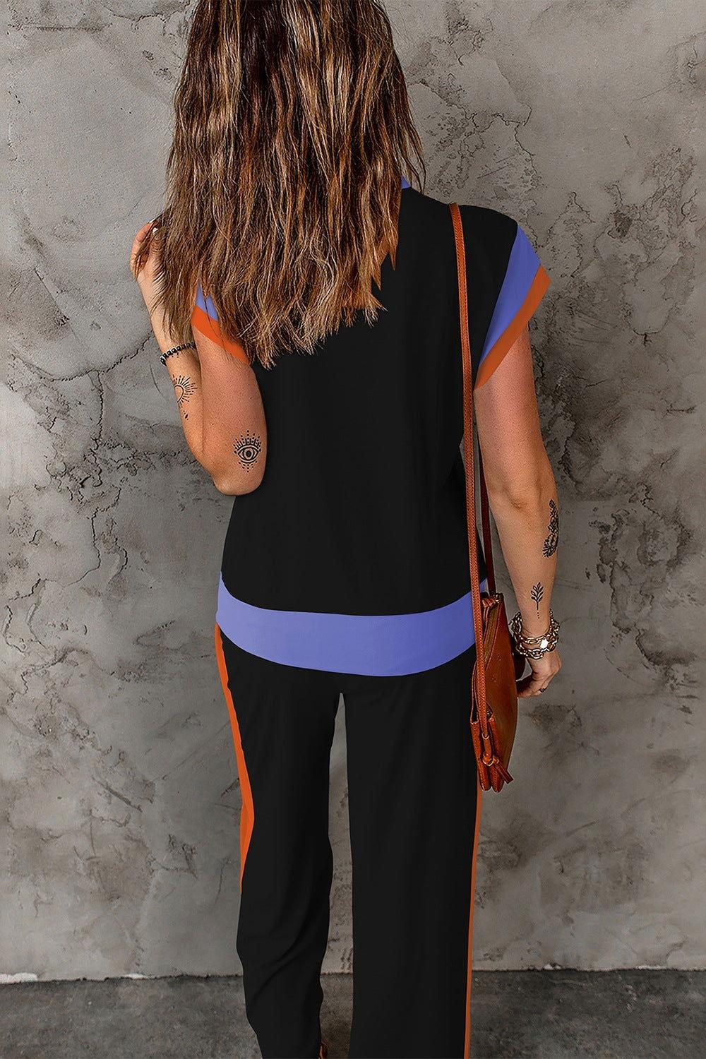 Contrast Round Neck Top and Pants Set - Clothes For Her Online Store