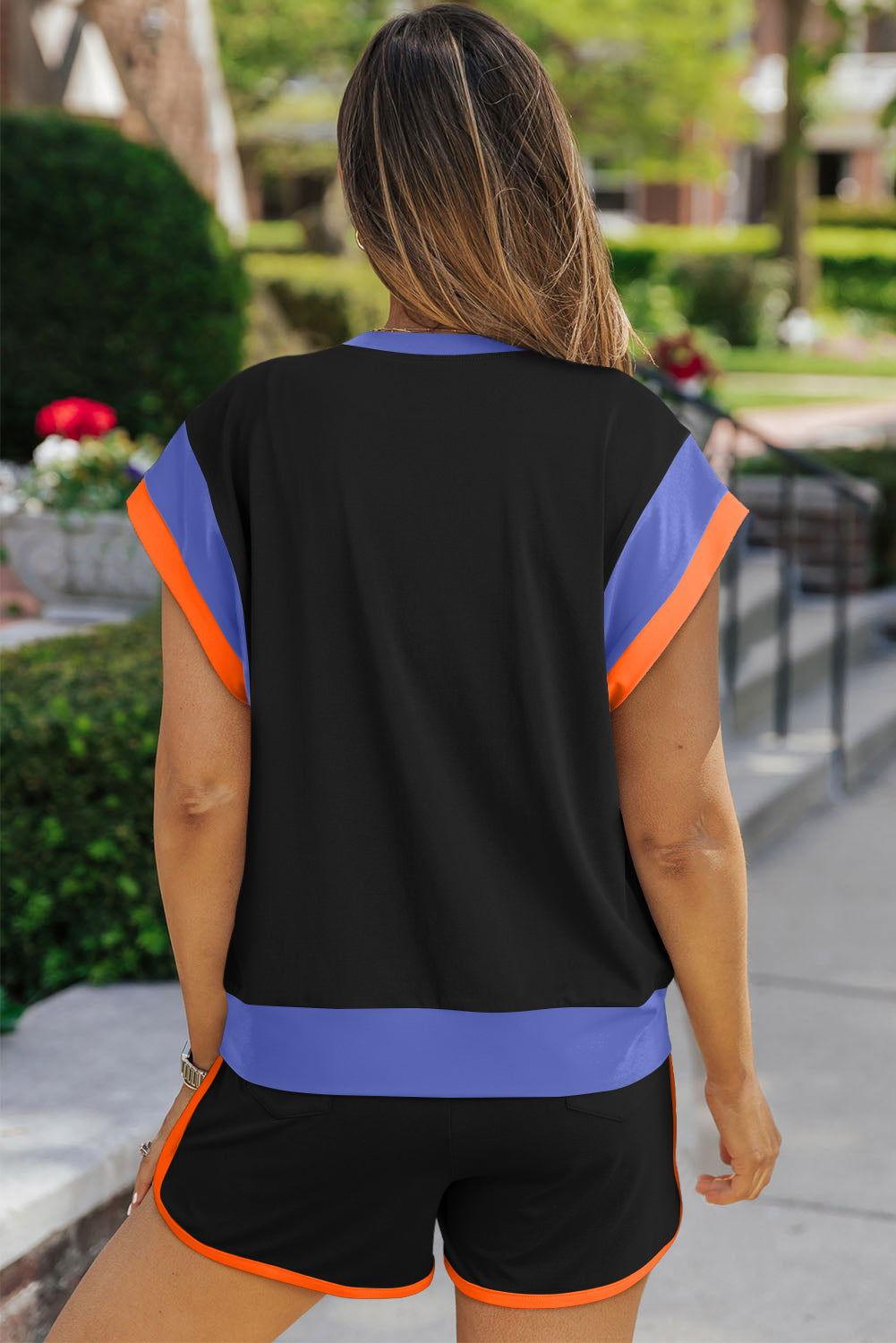 Contrast Round Neck Top and Shorts Set - Clothes For Her Online Store